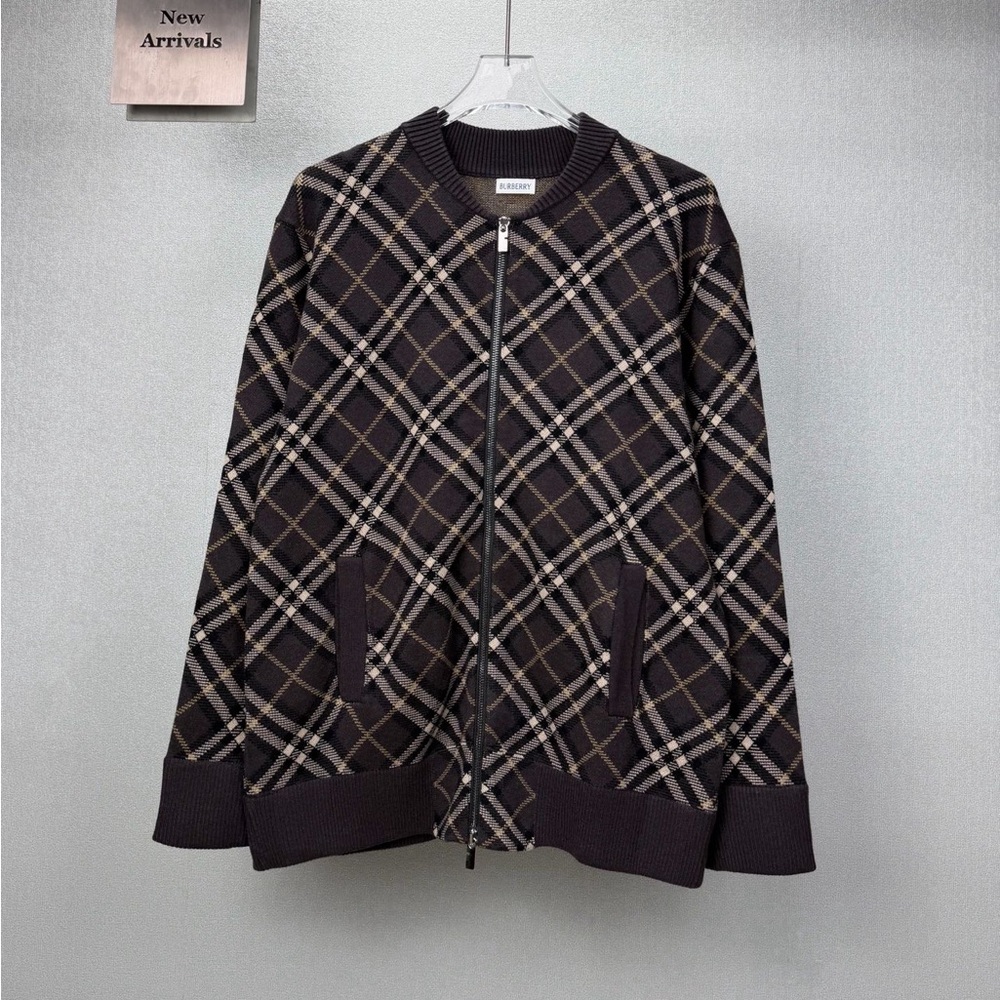 Burberry Brown and Tan Plaid Zip-Up Sweater Jacket